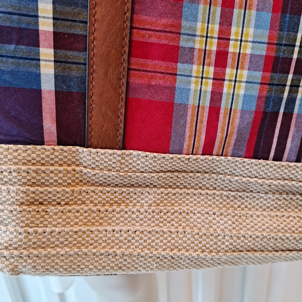 Kim Rogers Red & Blue Madras Plaid Tote with Brown Leather Trim - Picture 3 of 12